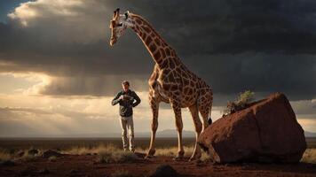 A person stands beside a tall giraffe near a rock under a dramatic sky. photo