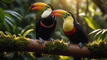 Two colorful toucans perched on a mossy branch in a lush, green environment. photo