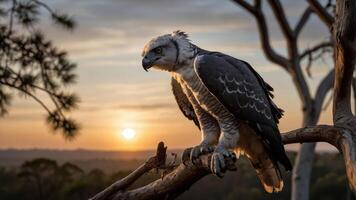A majestic eagle perched on a branch during a stunning sunset. photo