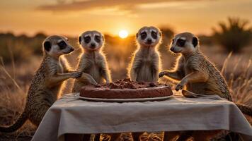 Four meerkats gather around a cake at sunset, creating a playful and whimsical scene. photo