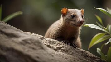 A close-up of a mongoose perched on a rock, surrounded by greenery. photo