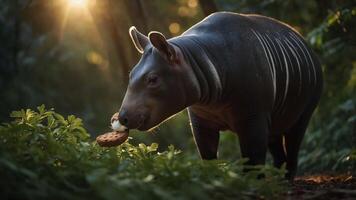 A tapir in a forest, curiously holding a cookie with sunlight filtering through the trees. photo