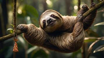 A sloth hanging from a branch in a lush, green forest, showcasing its relaxed demeanor. photo