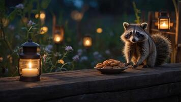 A raccoon curiously approaches a plate of cookies beside glowing lanterns in a serene setting. photo