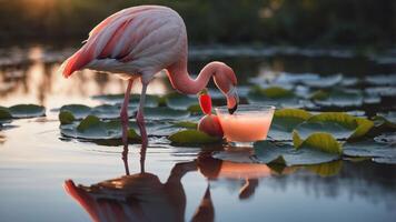 A flamingo drinks from a bowl in a serene water setting surrounded by lily pads. photo