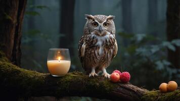 A serene owl perched on a mossy branch beside a candle and fruits in a misty forest. photo