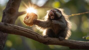 A small monkey sits on a branch, holding a piece of bread, with sunlight shining behind it. photo