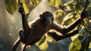A monkey gracefully hangs from a branch amidst lush green leaves and soft sunlight. photo