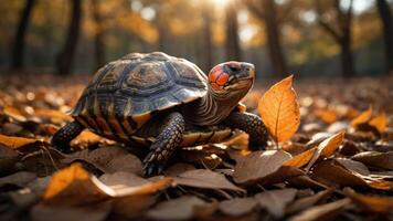 A turtle on fallen leaves in a serene forest setting during autumn. photo