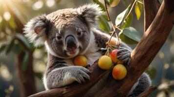 A koala resting on a branch with fruits, surrounded by leaves in a natural setting. photo