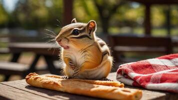 A chipmunk perched on a wooden table, eyeing a breadstick, with a picnic setting in the background. photo