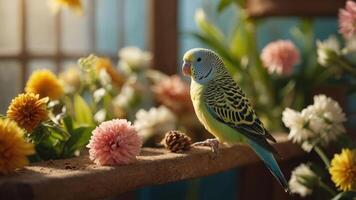 A colorful parakeet perched on a branch surrounded by vibrant flowers in a bright setting. photo