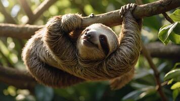 A sloth hanging from a branch in a lush green environment. photo