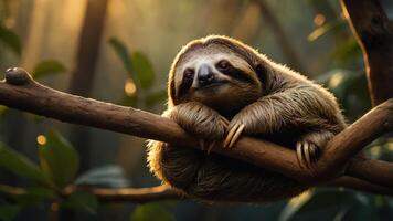 A sloth resting on a branch in a serene forest setting. photo