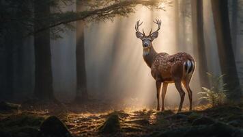 A deer stands in a misty forest, illuminated by rays of sunlight filtering through the trees. photo