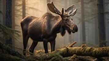 A moose stands in a misty forest, surrounded by trees and soft light filtering through. photo
