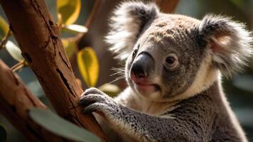 A close-up of a koala perched on a tree branch, surrounded by leaves in a natural setting. photo