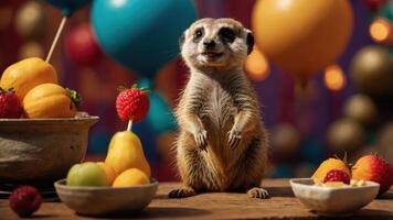 A playful meerkat stands among colorful fruits and decorations, creating a festive atmosphere. photo