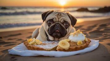 A pug resting on a beach with pies at sunset, creating a whimsical and inviting scene. photo