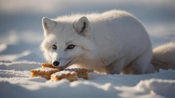 An Arctic fox sniffs pastries on the snow, blending nature and curiosity. photo