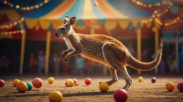 A kangaroo leaps among colorful balls in a circus setting, entertaining the audience. photo