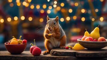 A squirrel enjoying fruit in a vibrant, festive setting with soft lights in the background. photo