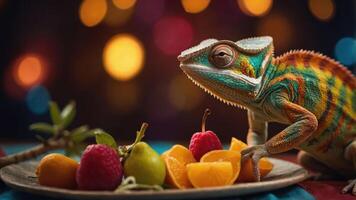 A colorful chameleon sits beside a platter of assorted fruits, set against a blurred background. photo
