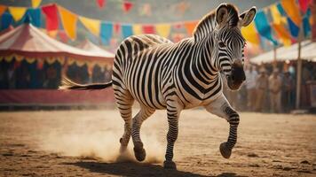 A zebra runs energetically in a vibrant outdoor setting with tents and colorful flags. photo