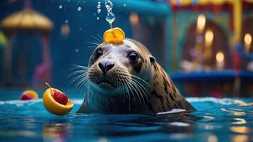 A playful seal in water with fruit balancing on its head, showcasing interaction and fun. photo