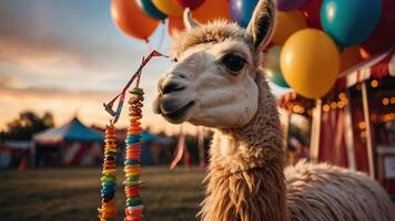 A llama stands playfully at a festive fair with colorful balloons in the background. photo