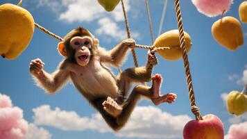 A playful monkey swings between fruit, embodying joy and whimsy in a vibrant setting. photo