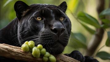 A close-up of a black panther resting on a branch with green fruit. photo