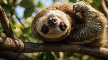 A sloth hanging upside down on a tree branch, surrounded by green foliage. photo