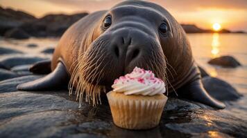 A seal curiously approaches a cupcake on a rocky shore at sunset. photo