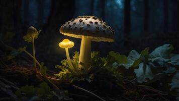 Enchanted forest scene featuring glowing mushrooms surrounded by lush greenery at twilight photo
