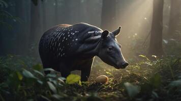 A tapir foraging in a misty forest, illuminated by soft sunlight, with lush greenery surrounding photo