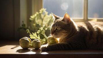 Cat lounging on a sunlit windowsill with fresh vegetables, creating a serene home atmosphere photo