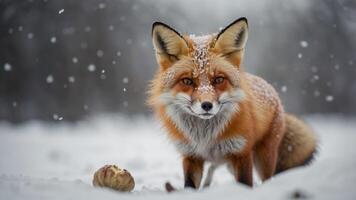 A majestic red fox stands in a snowy landscape, with snow gently falling around it, creating a serene winter scene photo