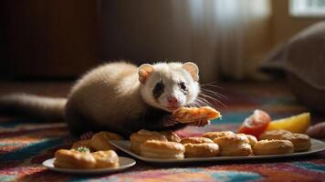 A playful ferret enjoying a snack of pastries on a colorful rug in a cozy indoor setting photo