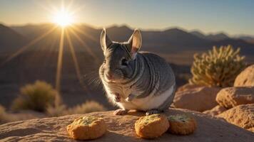 Chinchilla enjoying cookies at sunset in a desert landscape with mountains in the background photo