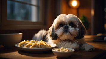 Shih Tzu dog resting on a table with plates of dumplings and soup in a cozy kitchen setting photo