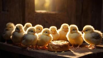 A group of fluffy yellow chicks gathered around a piece of bread in a rustic setting during sunset photo