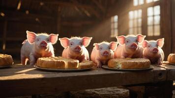 Five adorable pigs enjoying a meal in a rustic barn, with warm sunlight streaming through windows photo