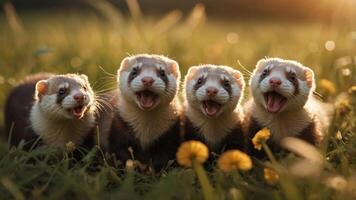 Four playful ferrets joyfully interacting in a sunlit grassy field with flowers in the background photo