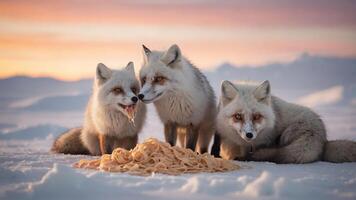 Three foxes playfully interact with a pile of spaghetti in a snowy landscape at sunset photo