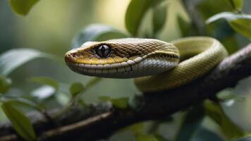 Close-up of a vibrant green tree snake resting on a branch surrounded by lush foliage photo