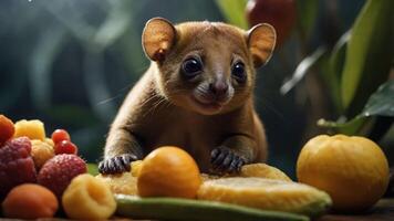 A close-up of a cute animal surrounded by a variety of colorful fruits in a lush setting photo
