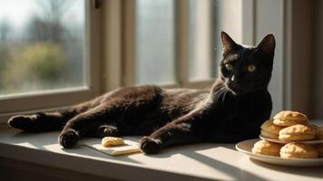 Black cat lounging on a windowsill with cookies, sunlit background creating a cozy atmosphere photo