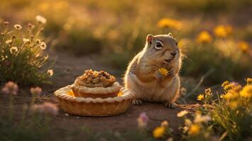 Squirrel Enjoying Pie in a Flower-Filled Meadow During Sunset, Capturing a Serene Moment photo