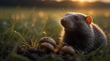 A curious small mammal exploring a grassy field adorned with mushrooms during sunset photo